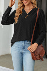 Black Pleated V Neck Jacquard Long Sleeve Top