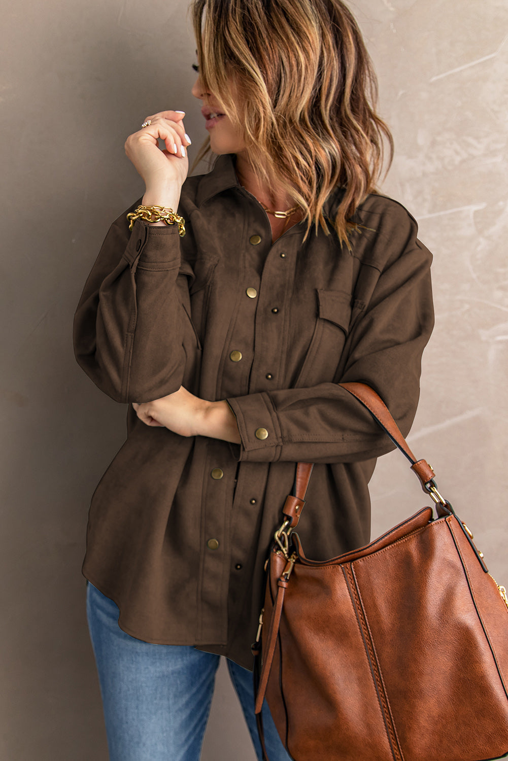 Khaki Snap Button Up Suede Jacket