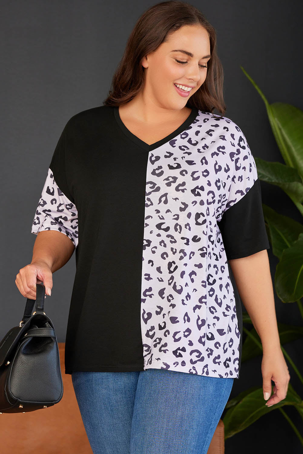 White Plus Size Leopard Patchwork Short Sleeve Top