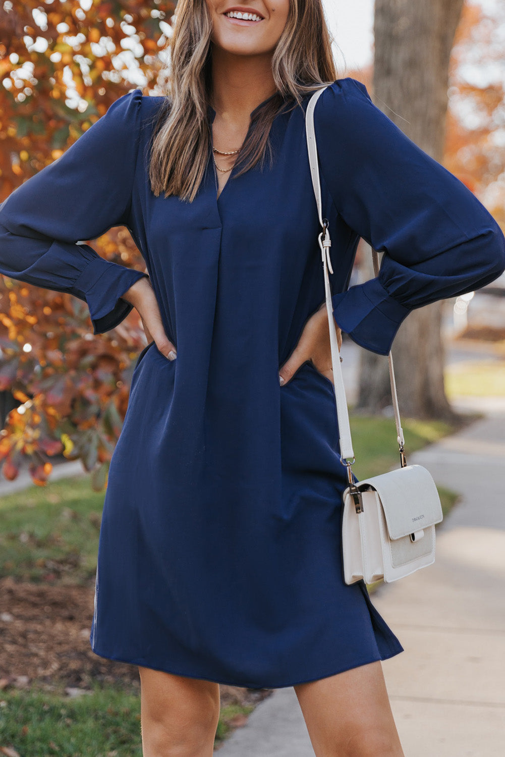 Black Split V Neck Ruffled Sleeves Shirt Dress