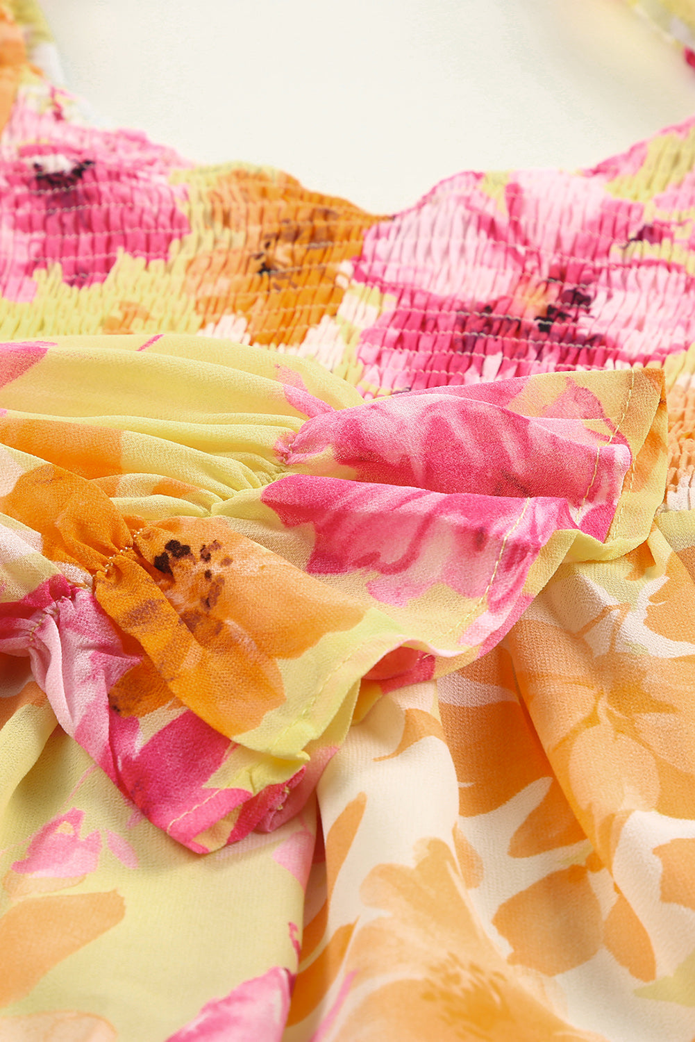 Yellow Square Neck Puffy Sleeve Tiered Floral Dress