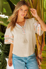 Beige Tassel Drawstring Embroidered Half Sleeve V Neck Top