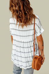 Striped Print Loose V Neck Short Sleeve Shirt with Slits