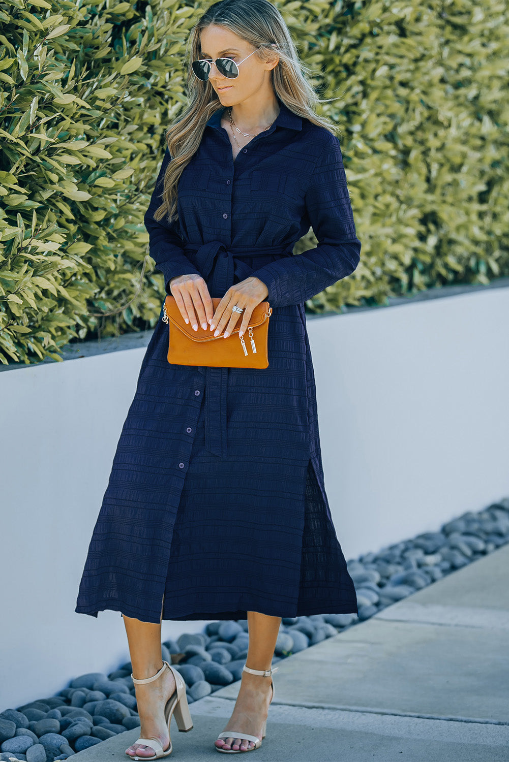 Blue Crinkle Textured Long Sleeve Shirt Dress with Belt