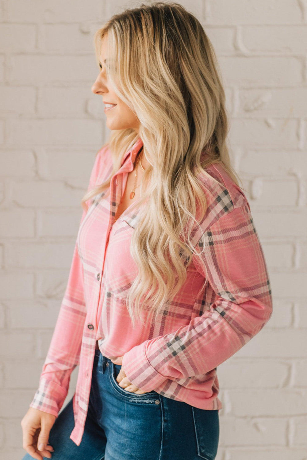 Pink Button Front Plaid Print Shirt