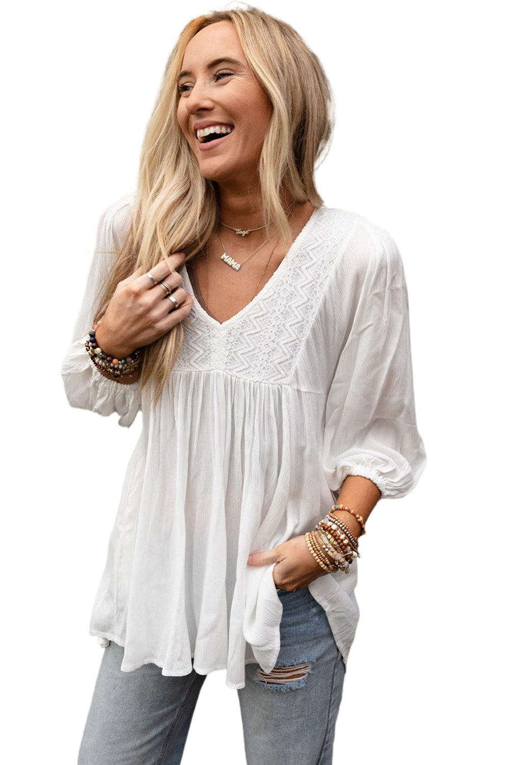 White Lace V-Neck Bracelet Sleeve Ruffle Blouse