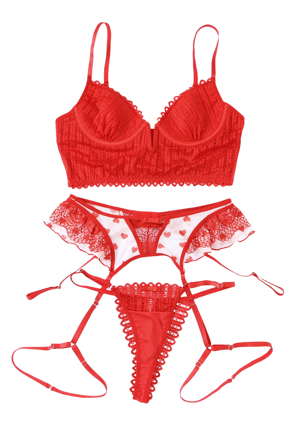 Red 3pcs Heart Print Mesh Splice Sexy Lingerie Set