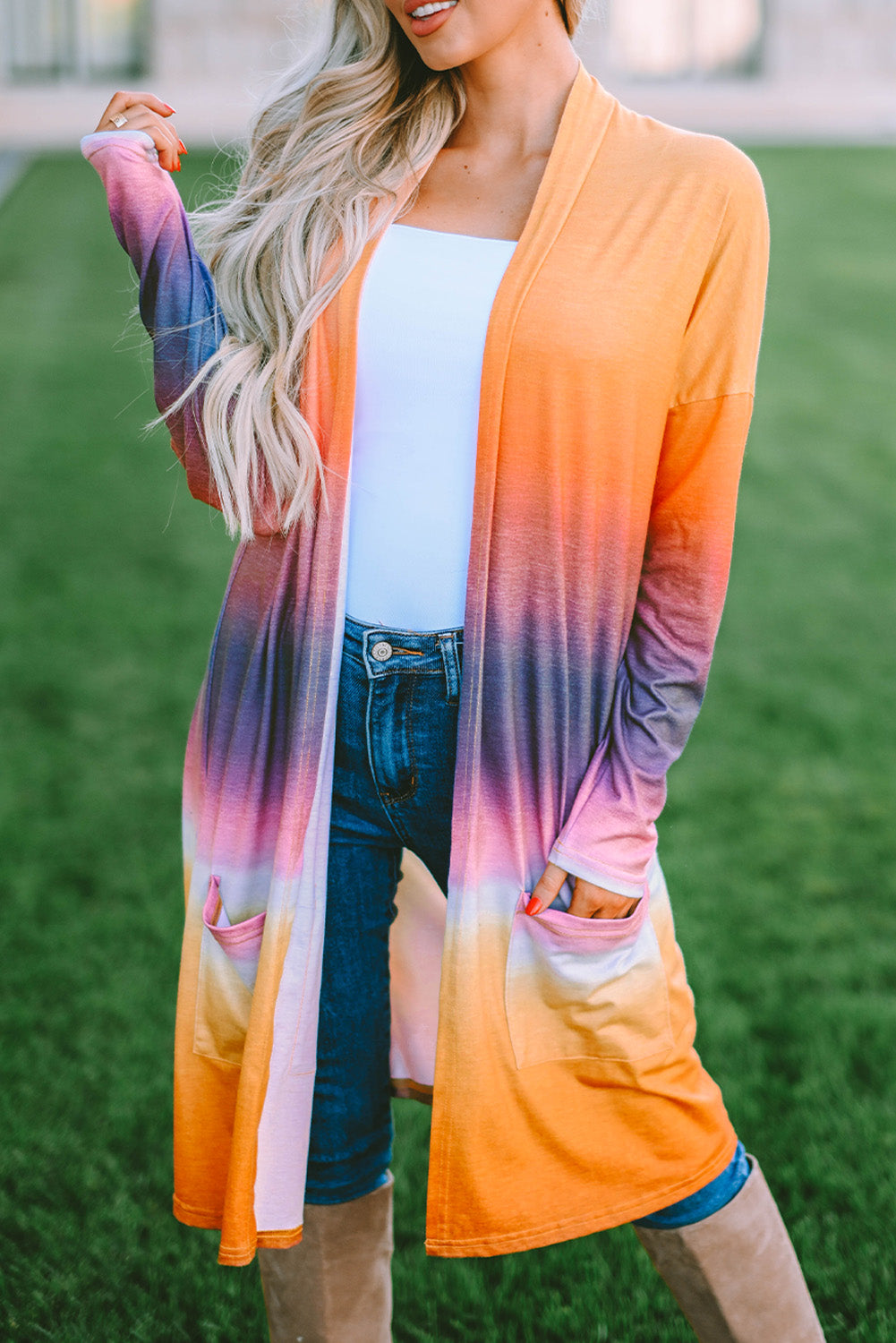 Yellow Gradient Tie-dye Open Front Mid-length Cardigan