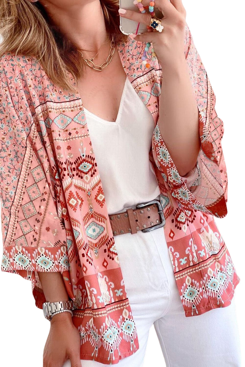 Pink Floral Aztec Print 3/4 Sleeve Open Front Kimono