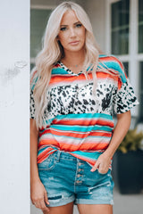 Western Serape Cow Color Block V Neck Top