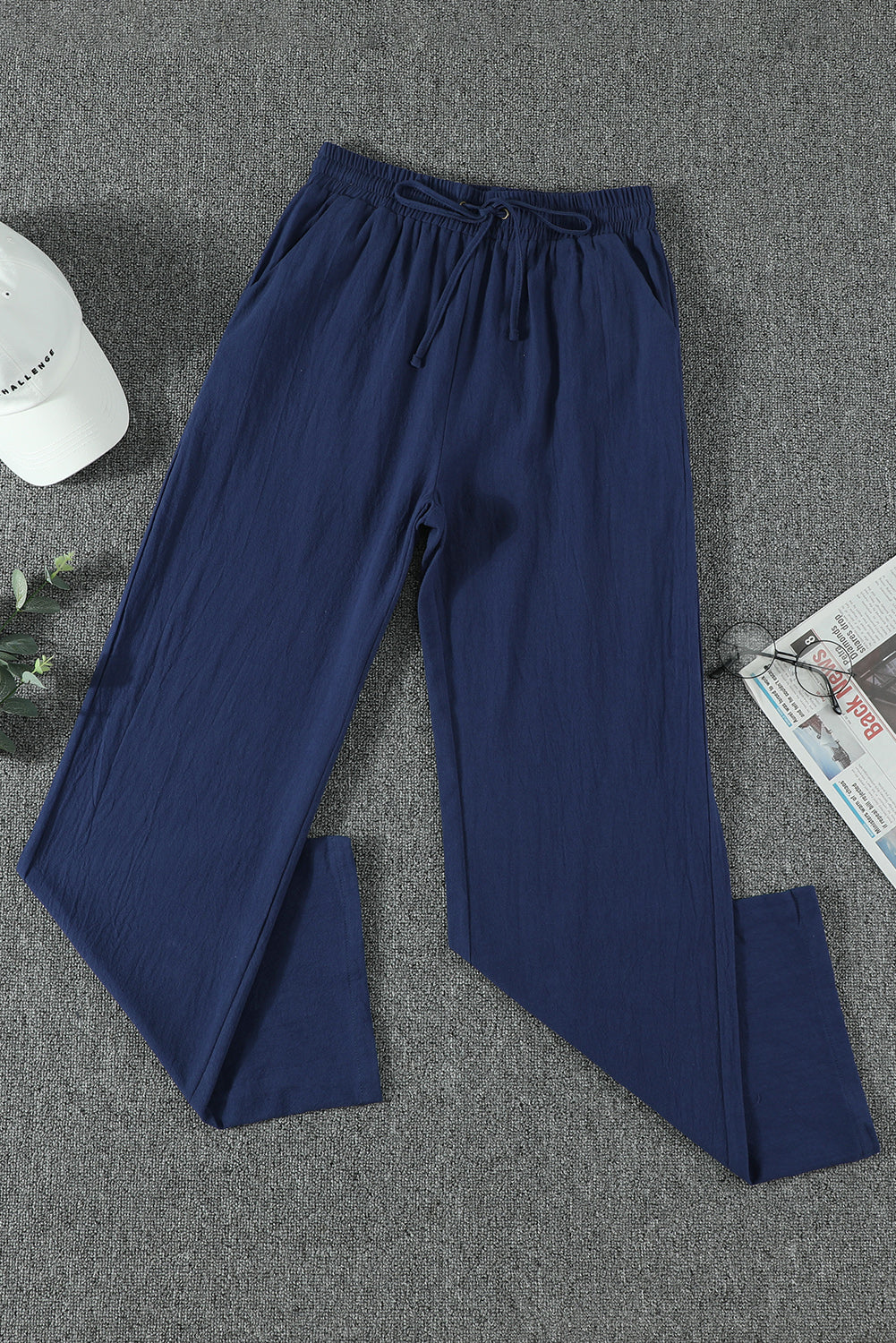 Blue Drawstring Elastic Waist Pockets Long Straight Legs Pants