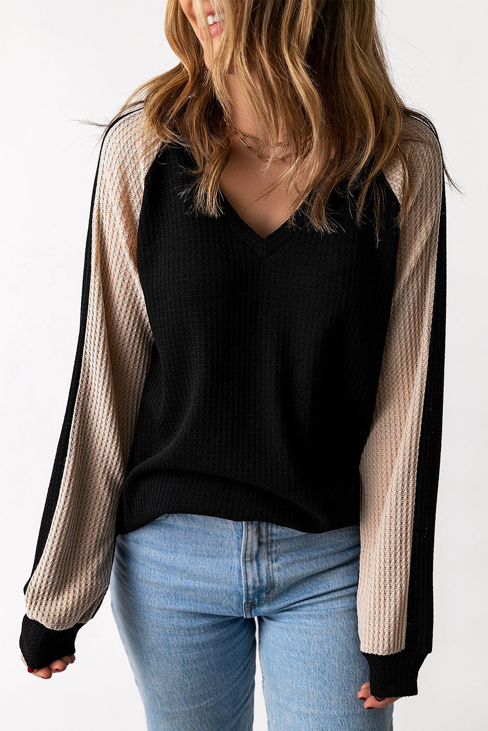 Black V Neck Contrast Block Waffle Knit Top