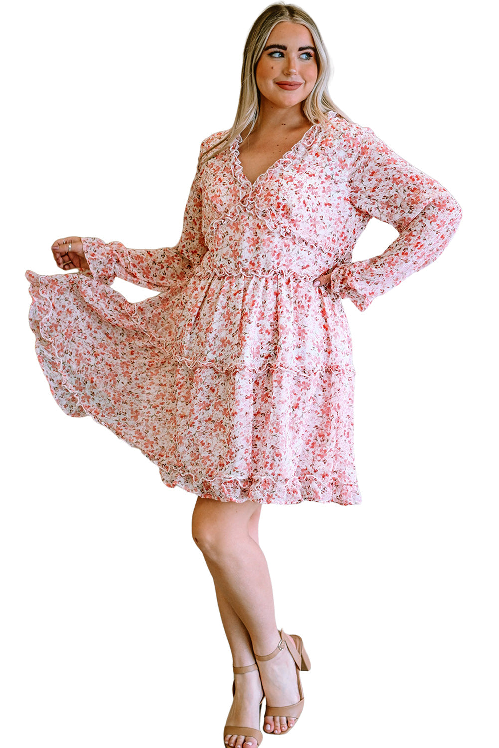 Pink Frilled Tiered Floral Plus Size Dress