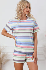 White Striped Print Tee and Shorts Lounge Set