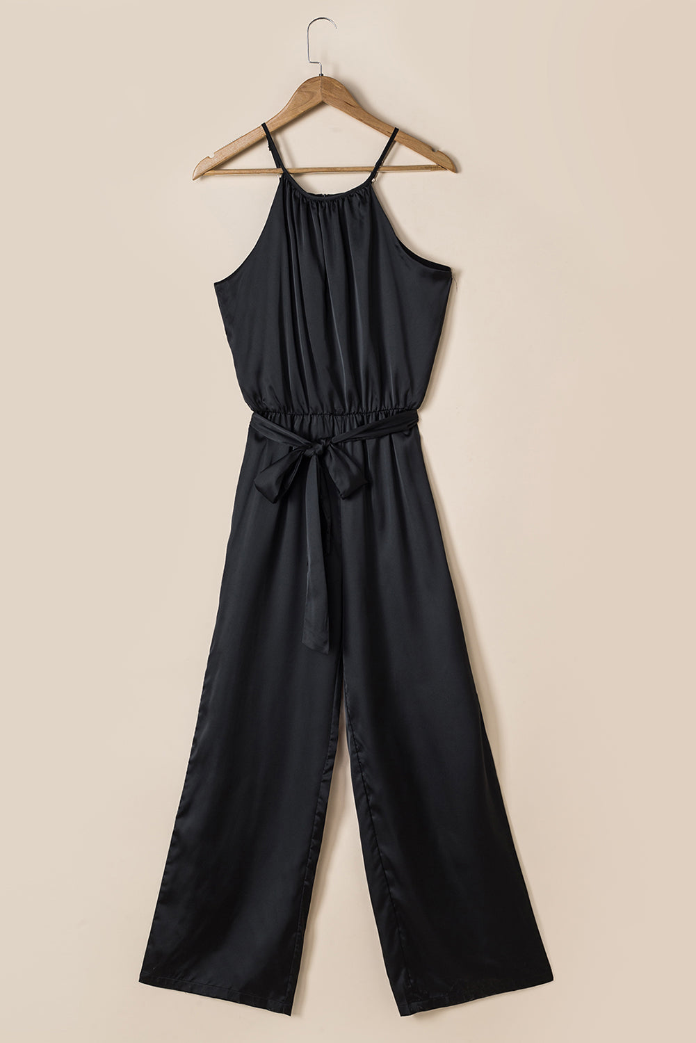 Black Halter Neck Sleeveless Wide Leg Jumpsuit with Belt