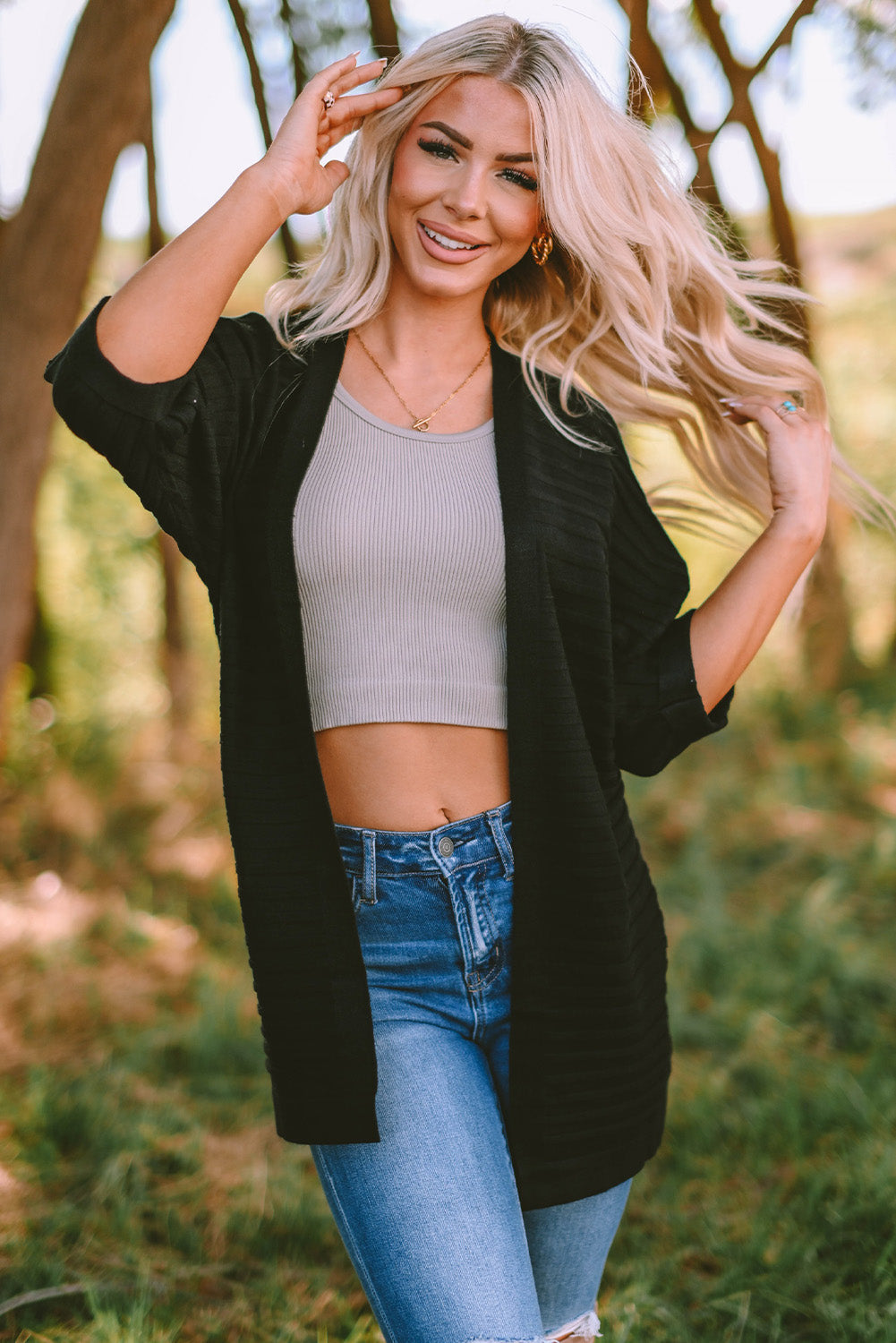 Red Ribbed Open Front Knit Cardigan