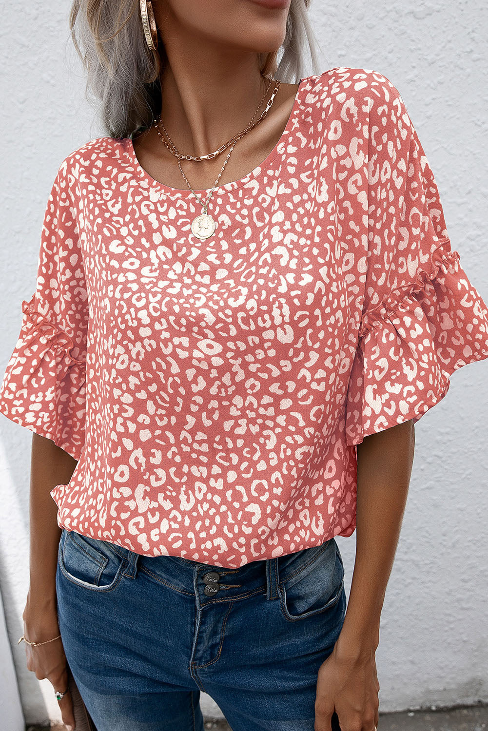 Pink Leopard Spotted Ruffle Sleeve T-Shirt