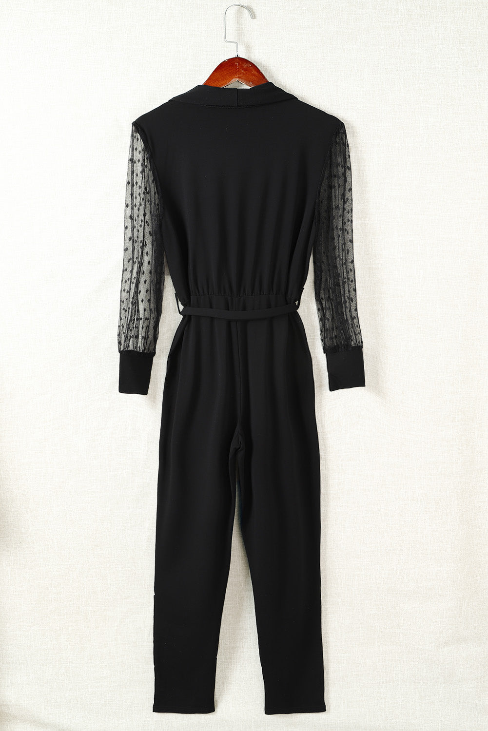 Black Mesh Contrast V Neck Wrap Long Sleeve Jumpsuit