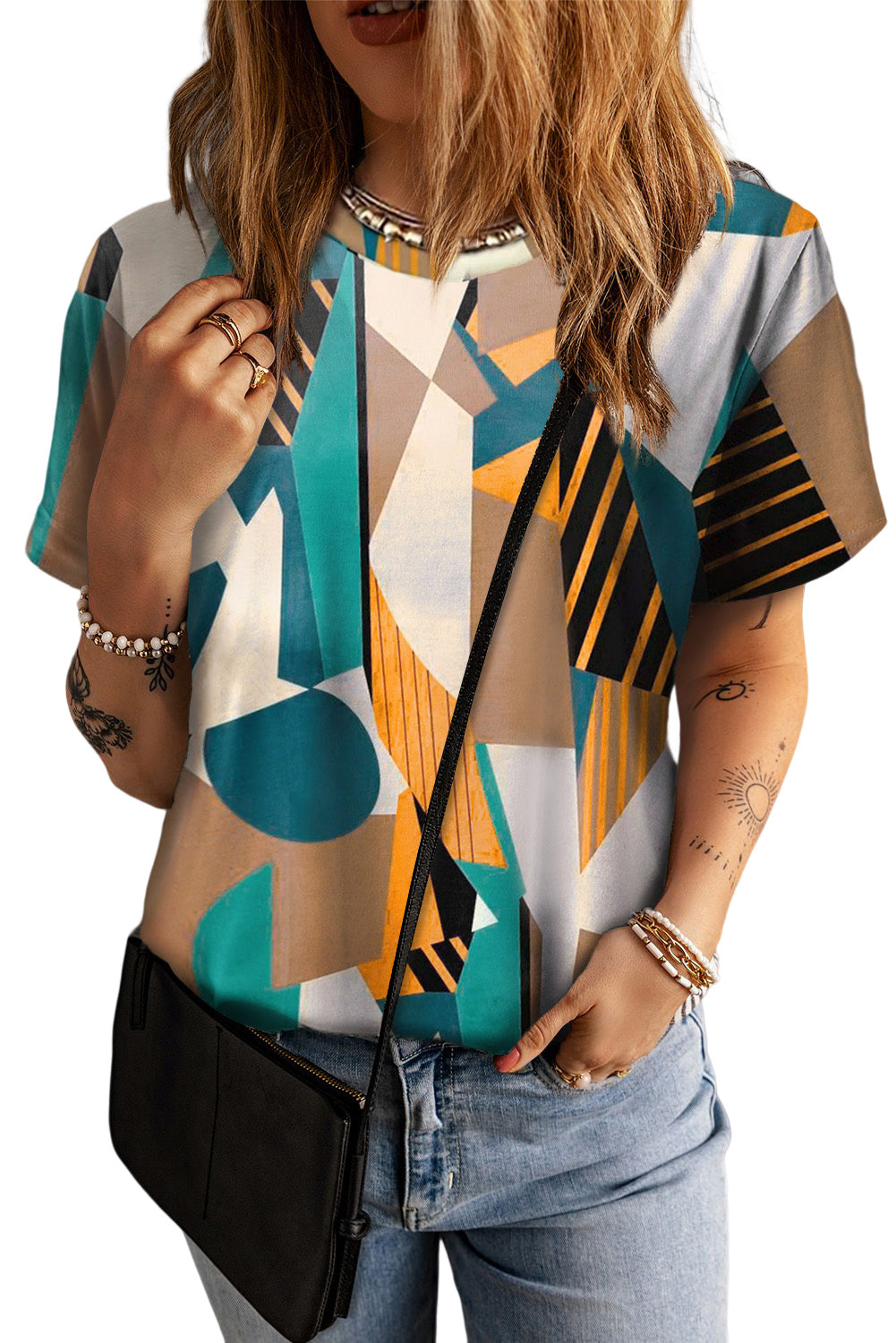 Yellow Geometric Print Round Neck Casual T-Shirt