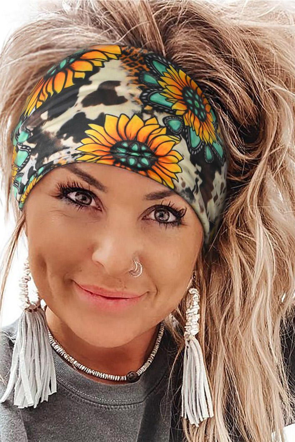 Multicolor Sunflower Cow Print Wide Headband