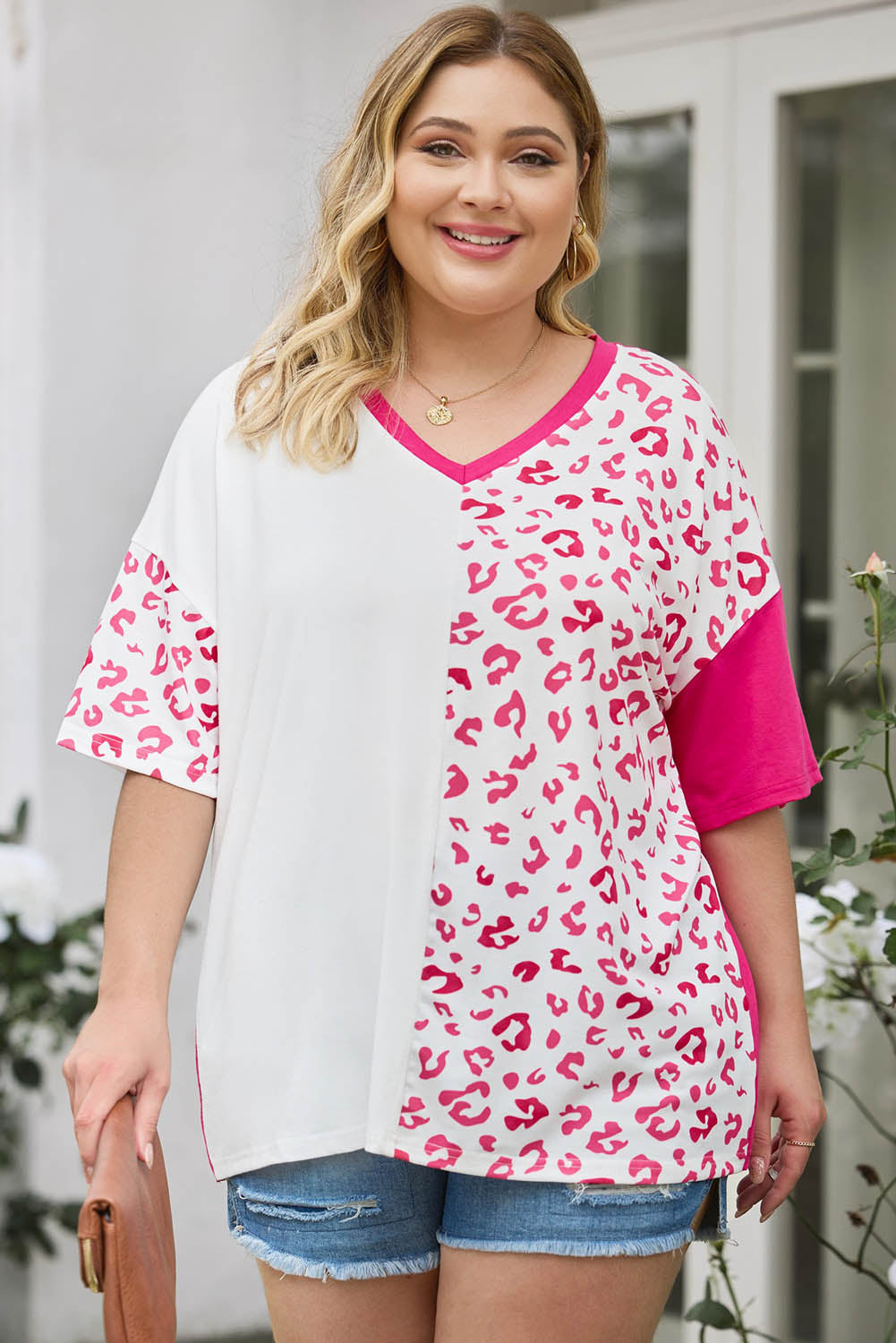 White Plus Size Leopard Patchwork Short Sleeve Top