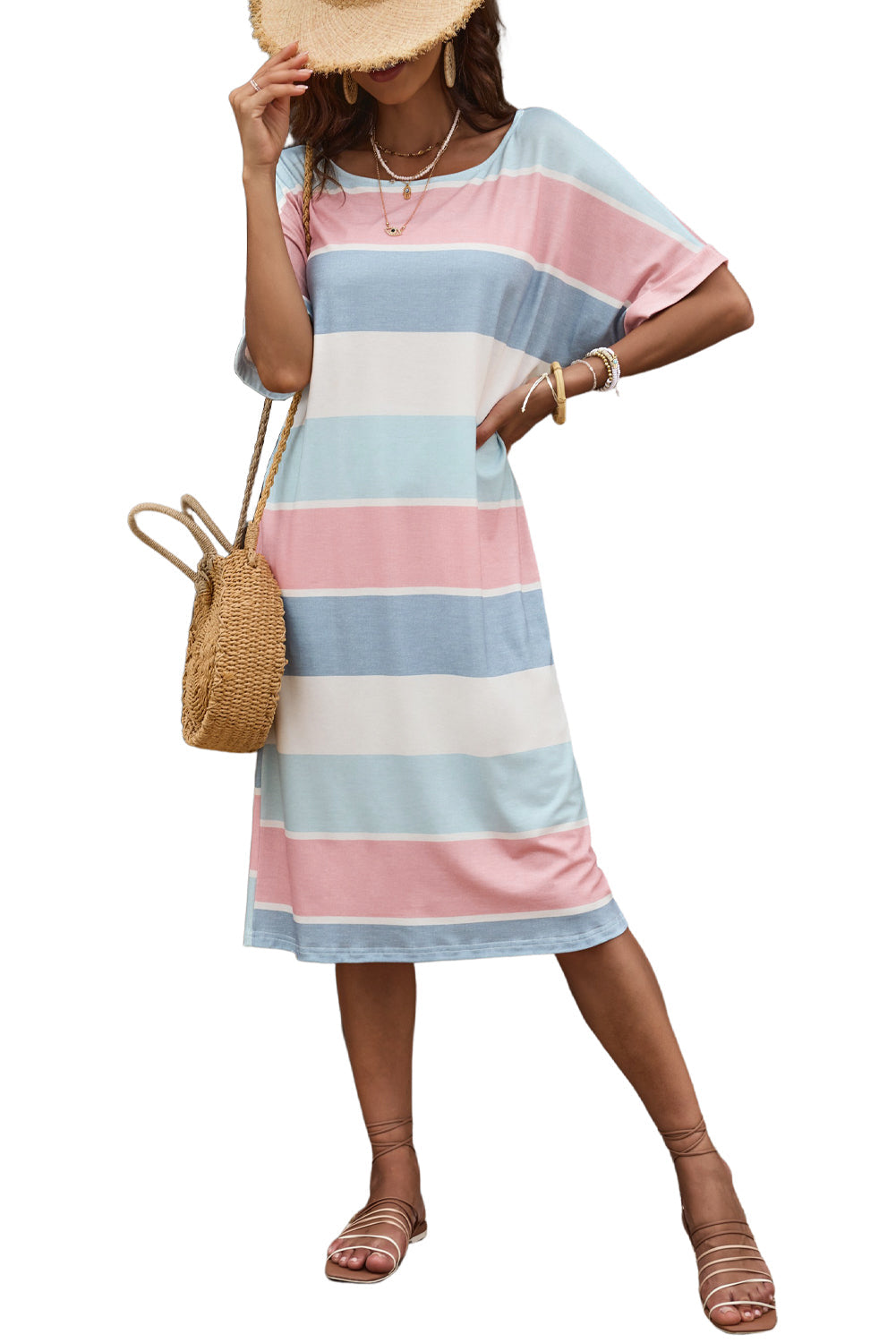 Multicolor Striped Color Block Loose Fit 3/4 Sleeve Dress