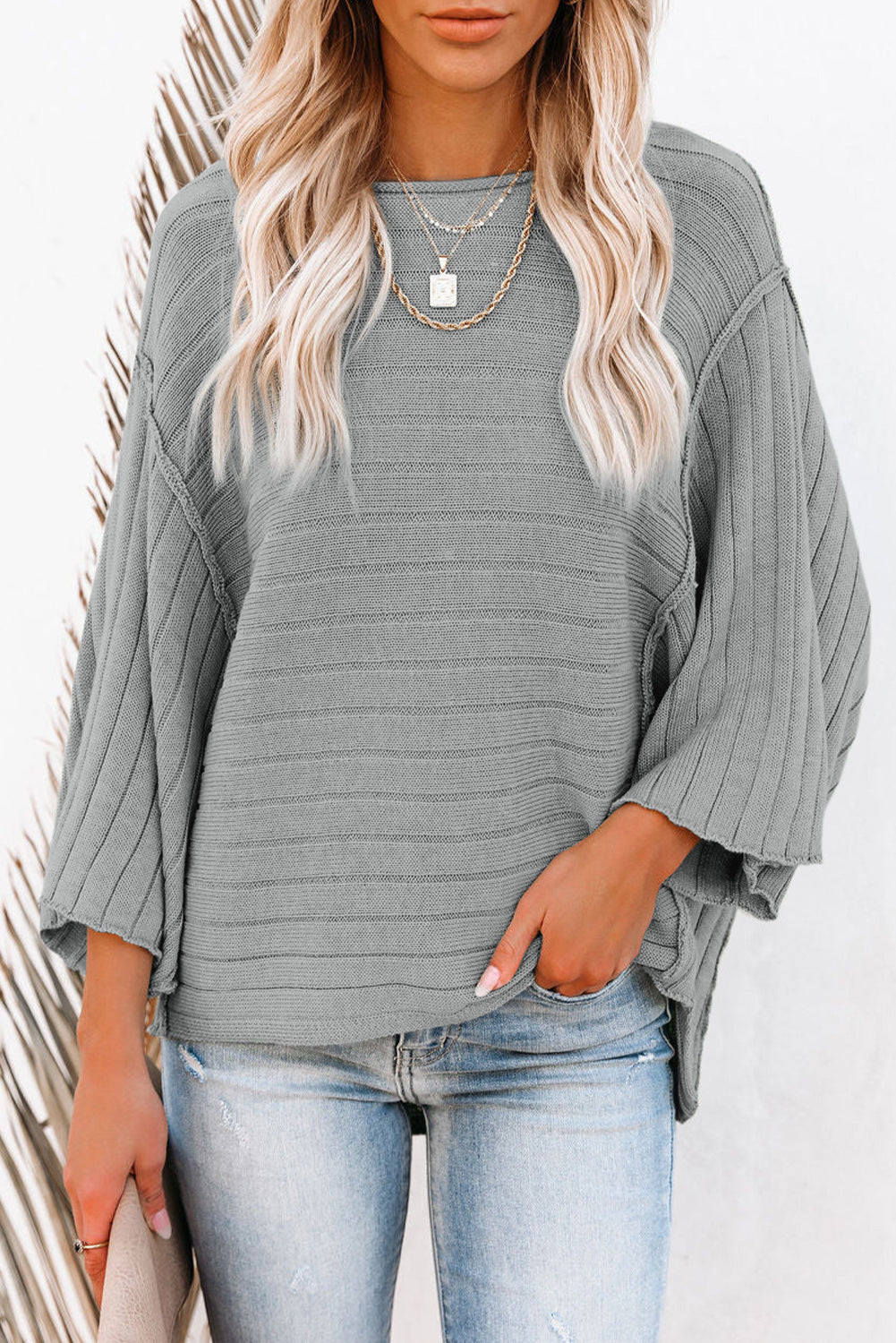 Black Exposed Seam Ribbed Knit Dolman Top