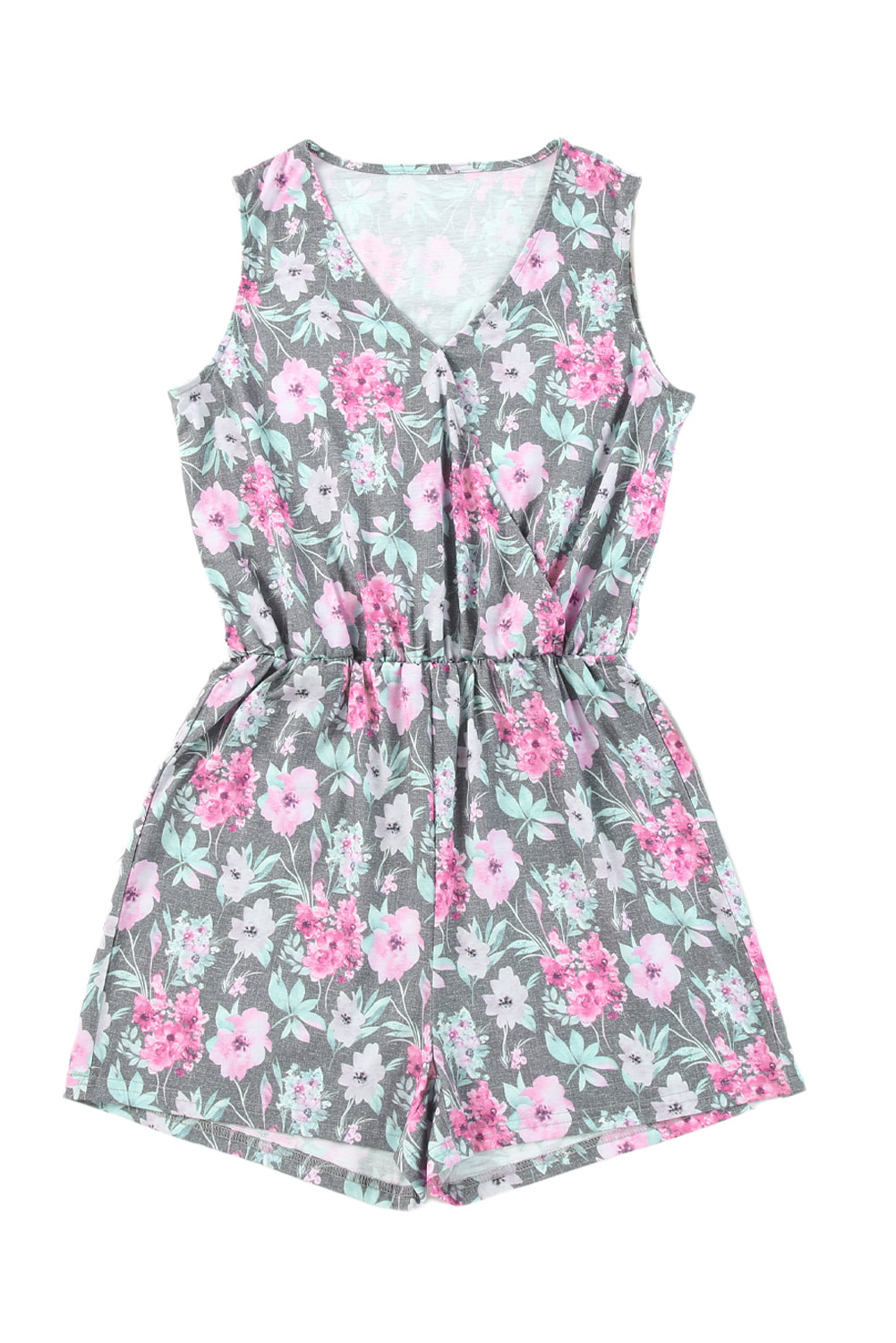 Gray Vintage Wash Floral Print Sleeveless Romper