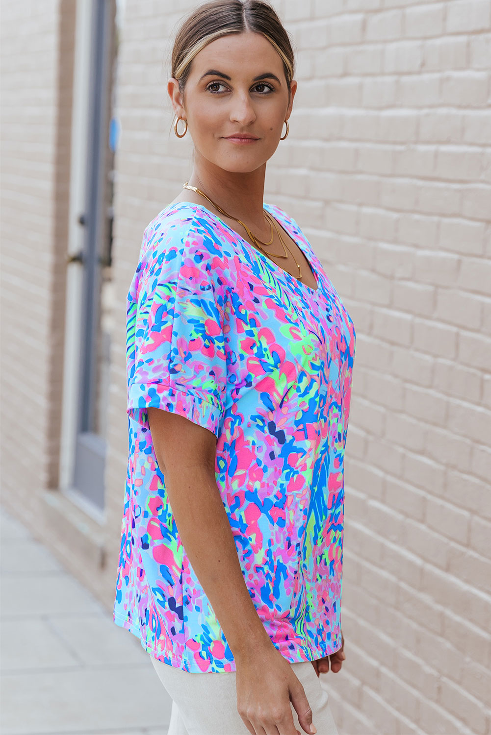 Blue Multicolor Floral Print Sleeveless Tank Top