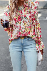 White Floral Printed Ruffle Trim Long Sleeve Blouse