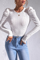 White Jacquard Textured Puff Sleeve O-Neck Top