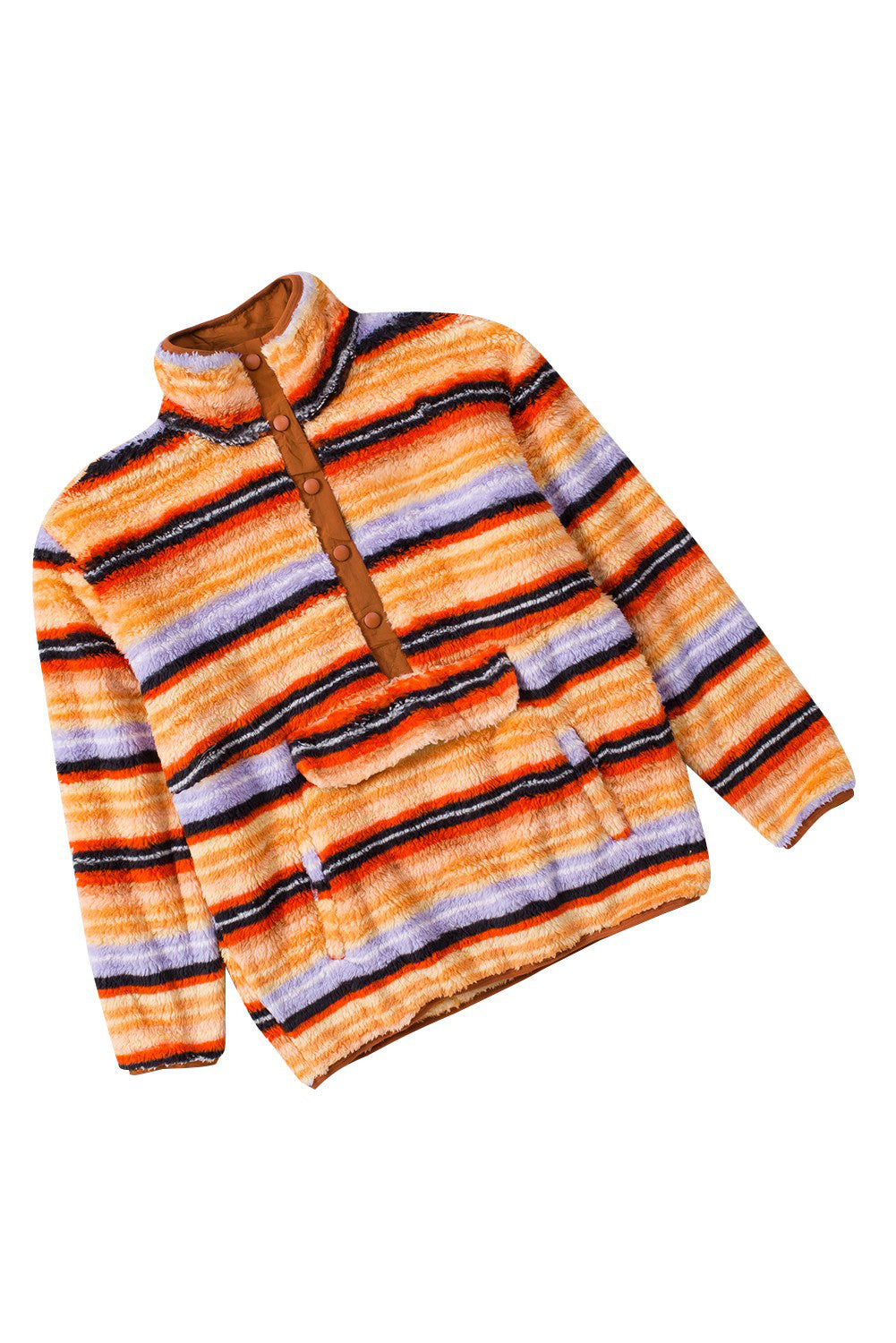 Multicolor Striped Kangaroo Pocket Buttoned Sherpa Sweatshirt