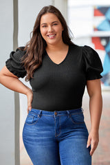 Black Plus Size Ribbed Knit Puff Sleeve Bodysuit