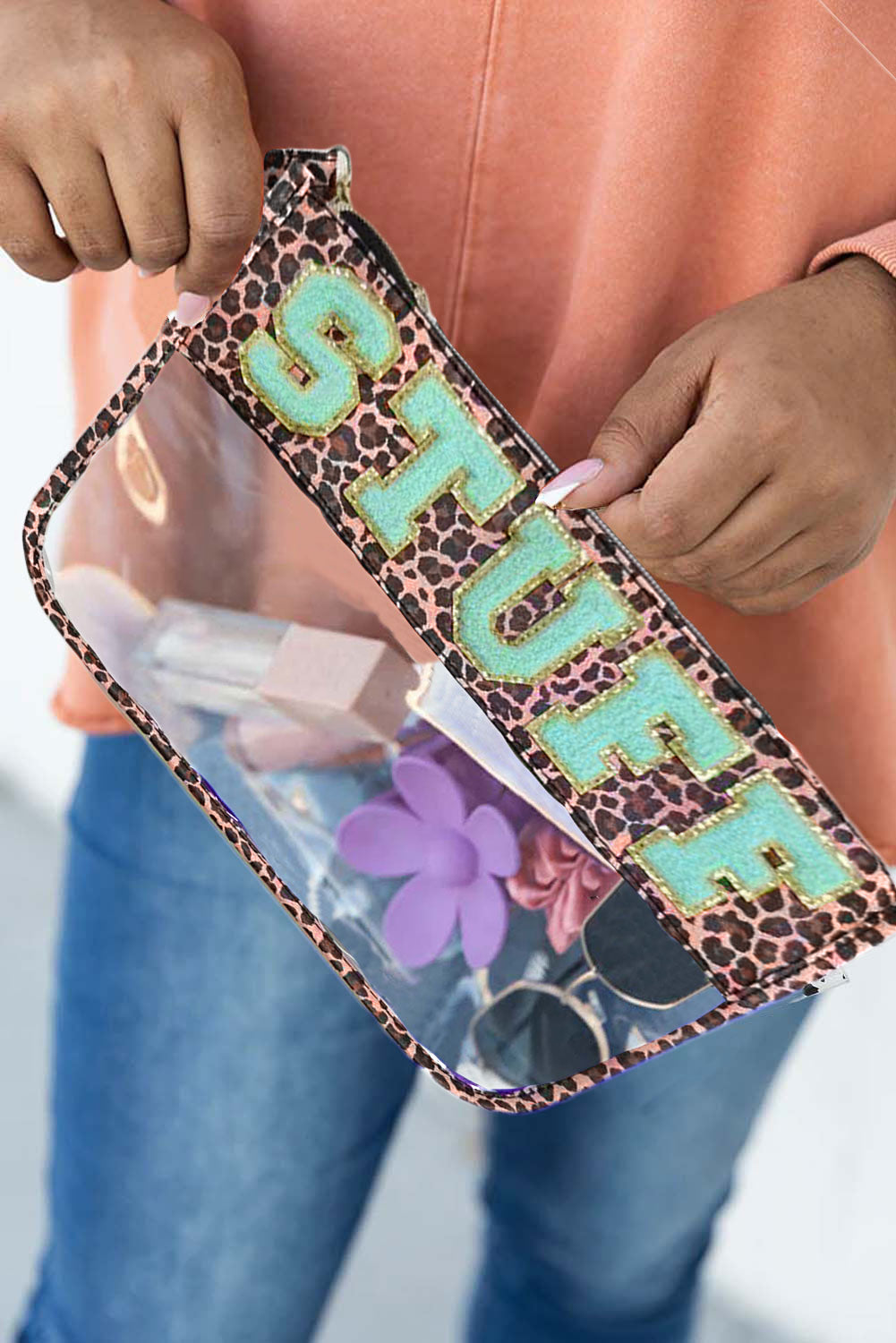 Black STUFF Cow Print Transparent Zipped Pouch