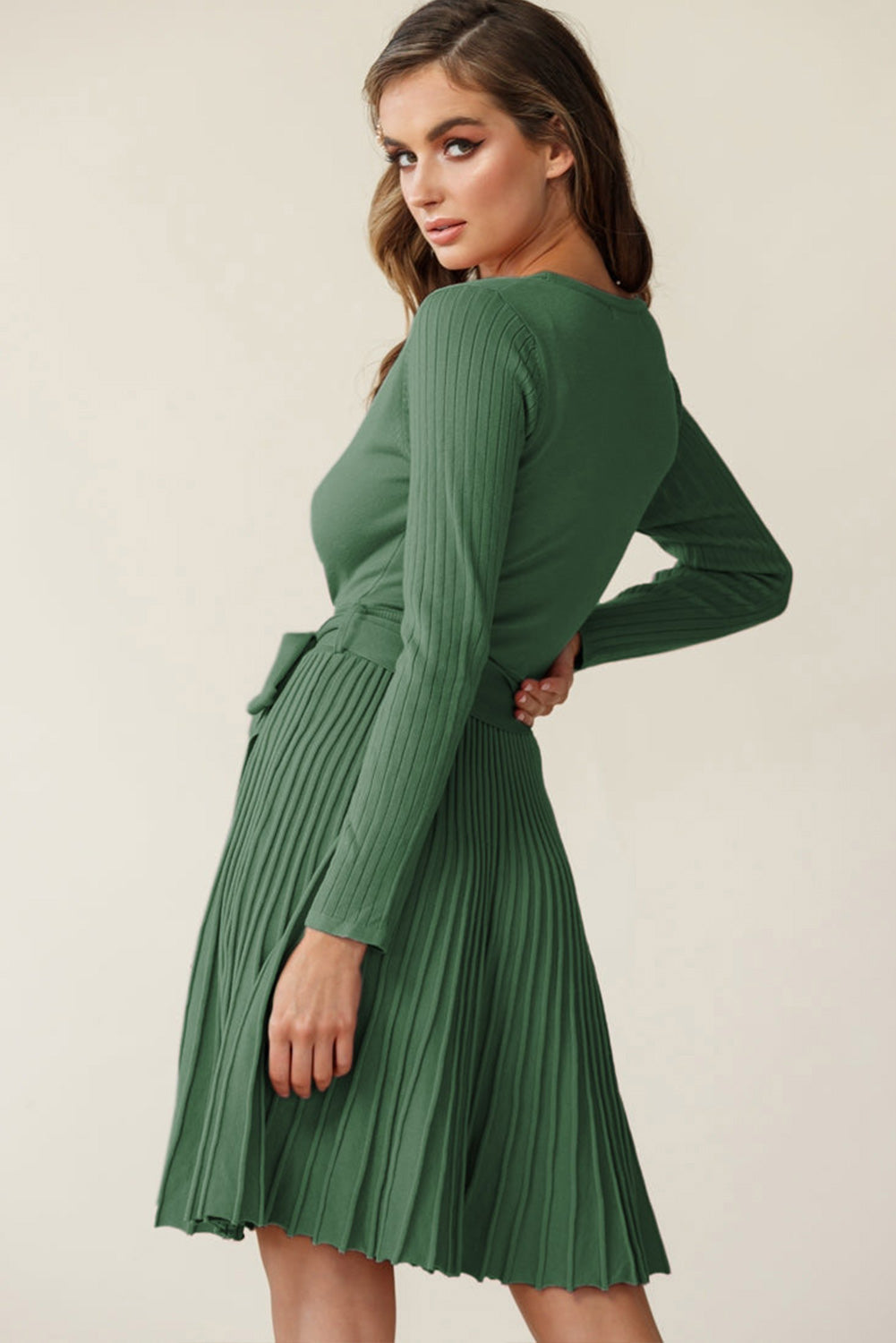 Black Belted V Neck Ribbed Pleated Sweater Dress