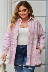 Pink Plus Size Tweed Plaid Houndstooth Print Jacket