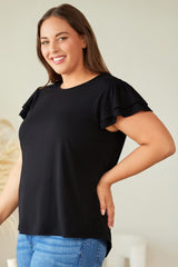 Black Plus Size Solid Color Ruffled Short Sleeve Top