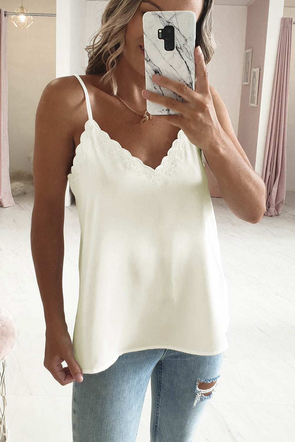 White Scalloped V Neck Embroidered Camisole Top