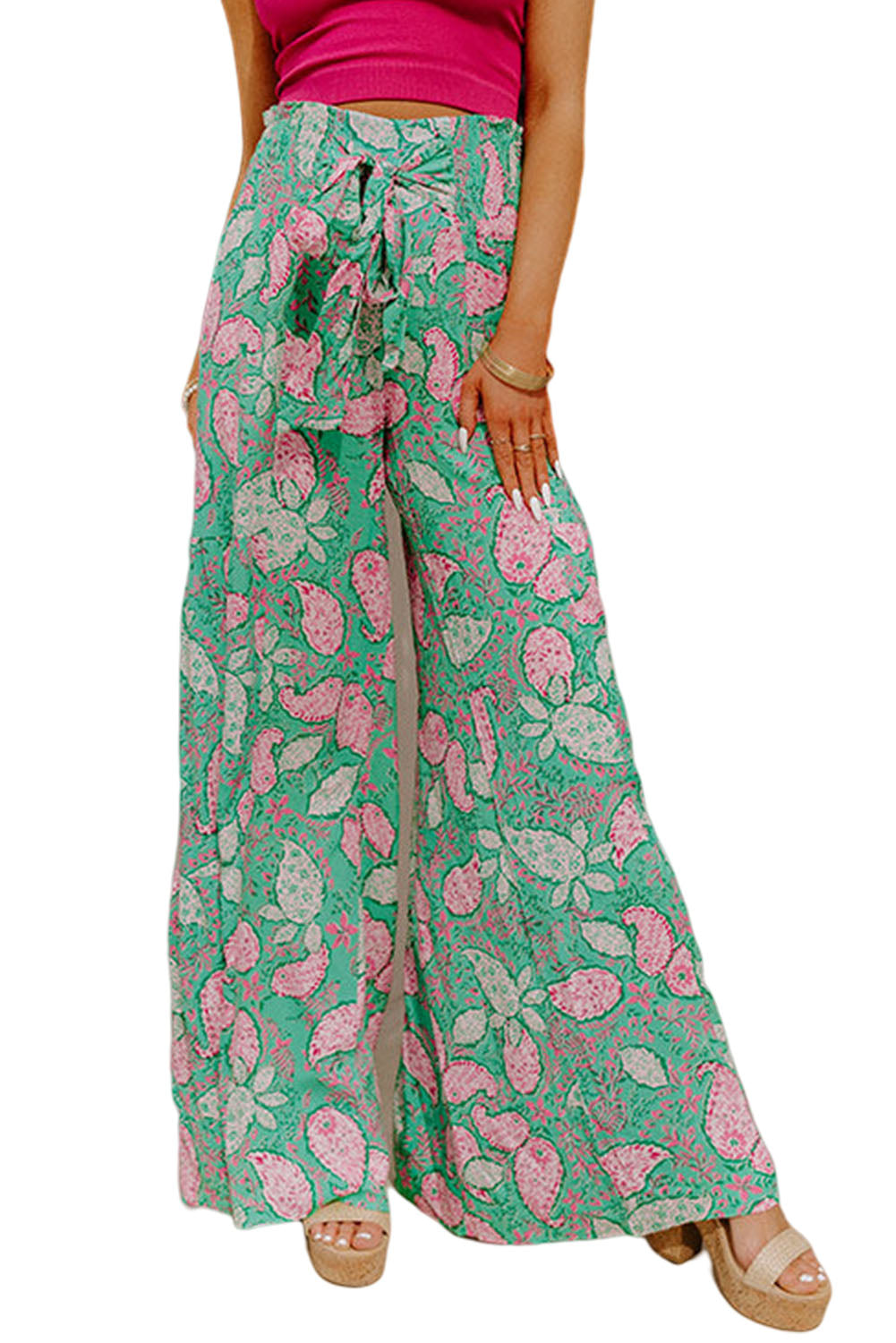 Green Boho Paisley Print Flowy Wide Leg Pants