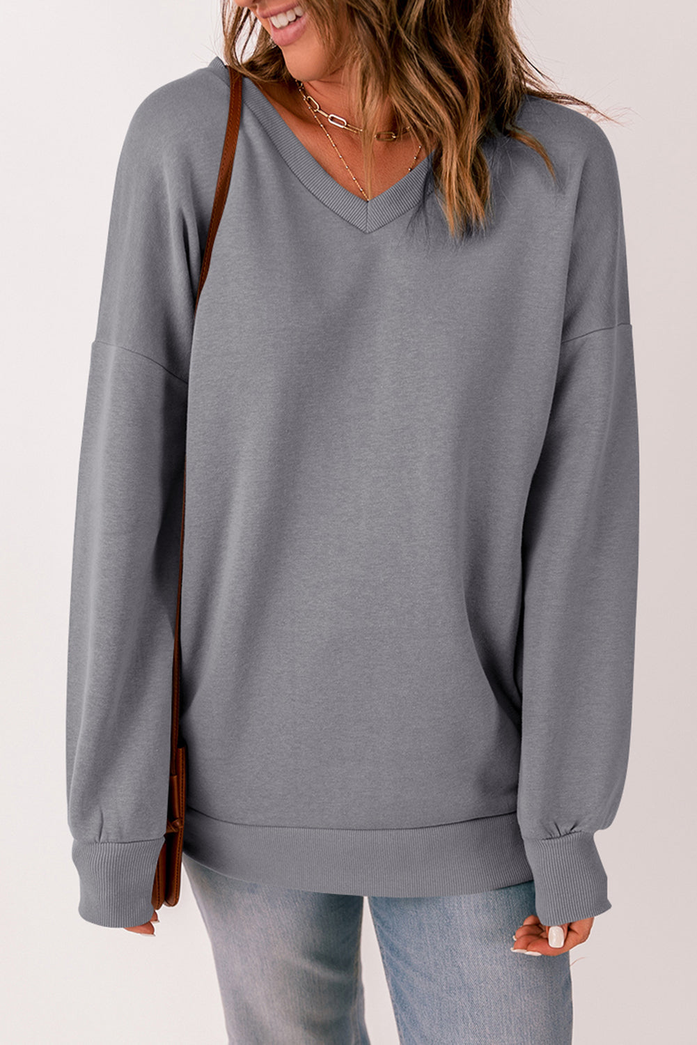 Gray Ribbed V Neck Drop Shoulder Sweatshirt
