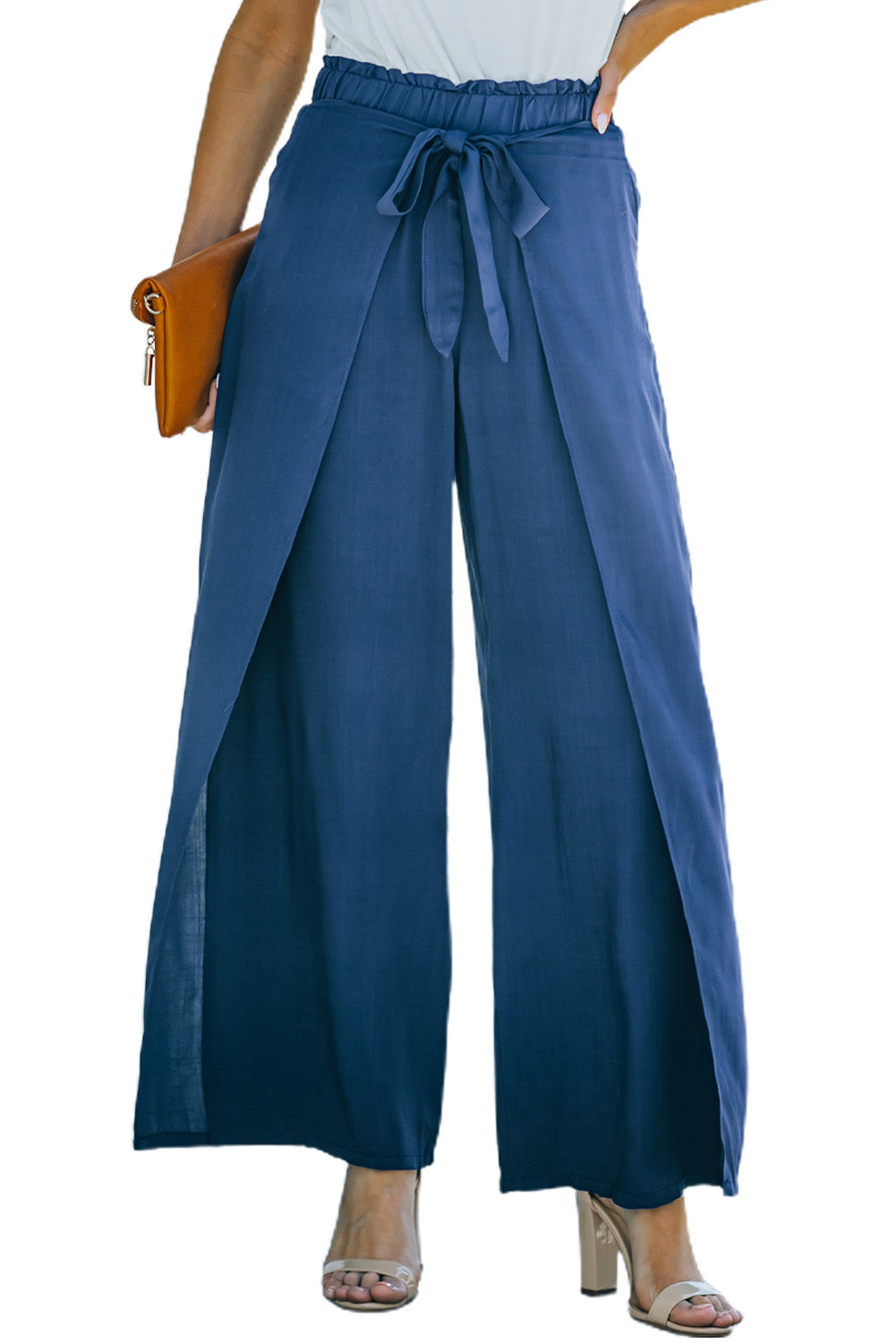 Blue Wrap Wide Leg Pants with Tie