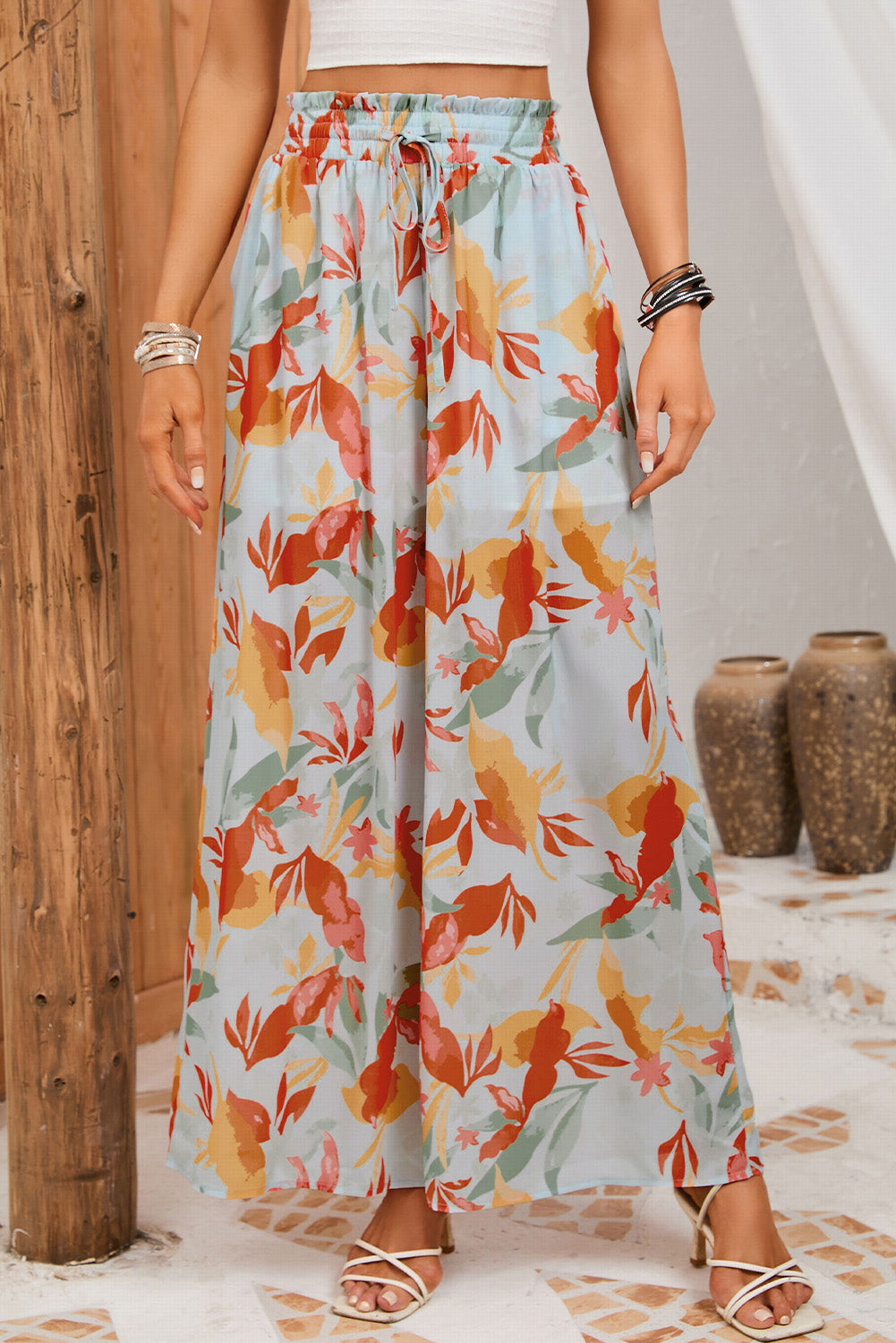 Multicolor Floral Print Drawstring Shirred High Waist Wide Leg Pants