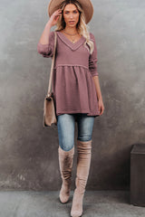 Pink Waffle Knit V Neck Long Sleeve Babydoll Top