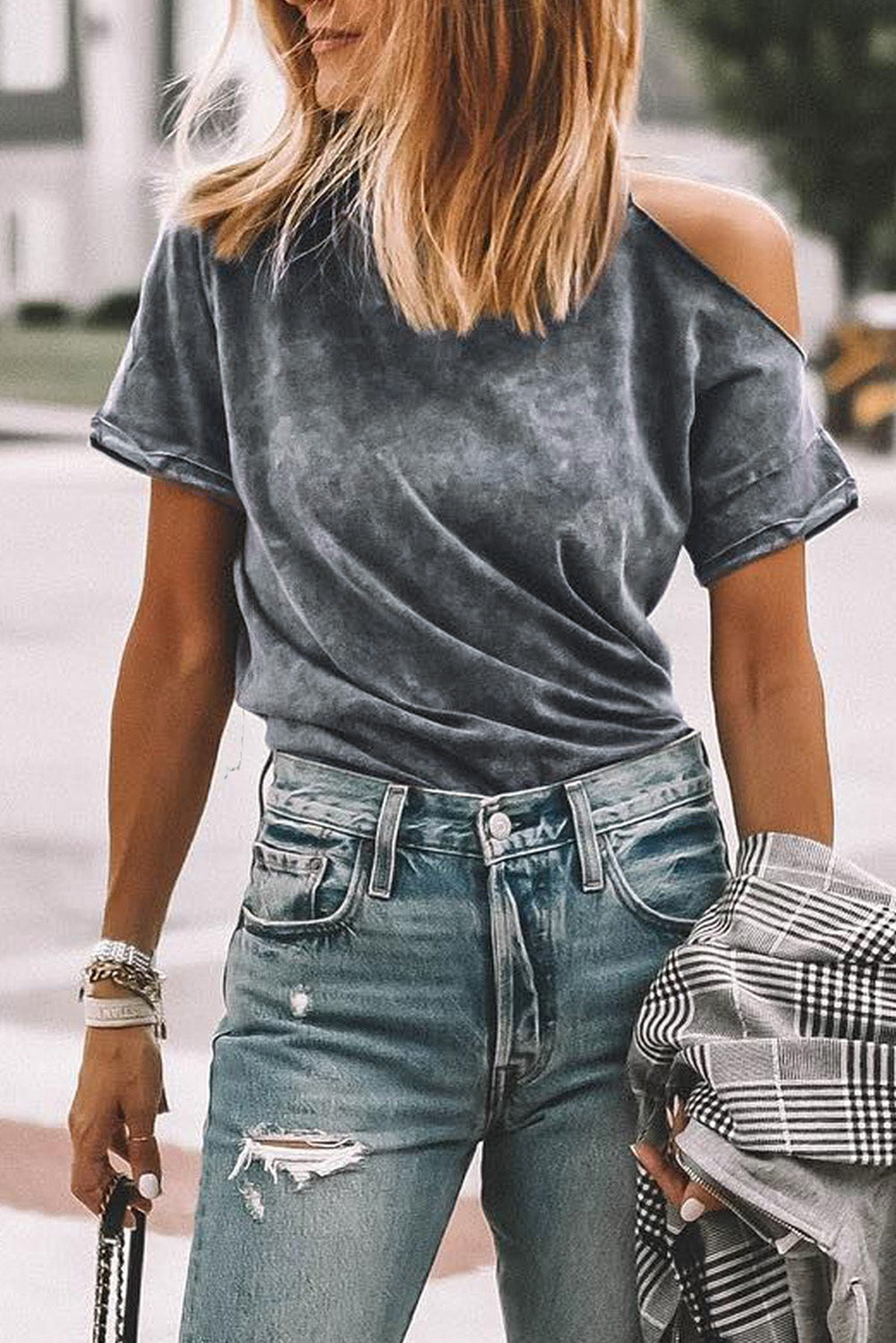 Gray Vintage Asymmetric Cold Shoulder T-shirt