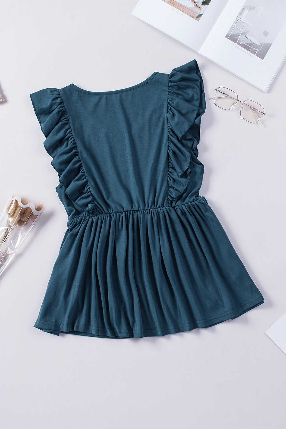 Blue Ruched Flounce V Neck Sleeveless Peplum Top