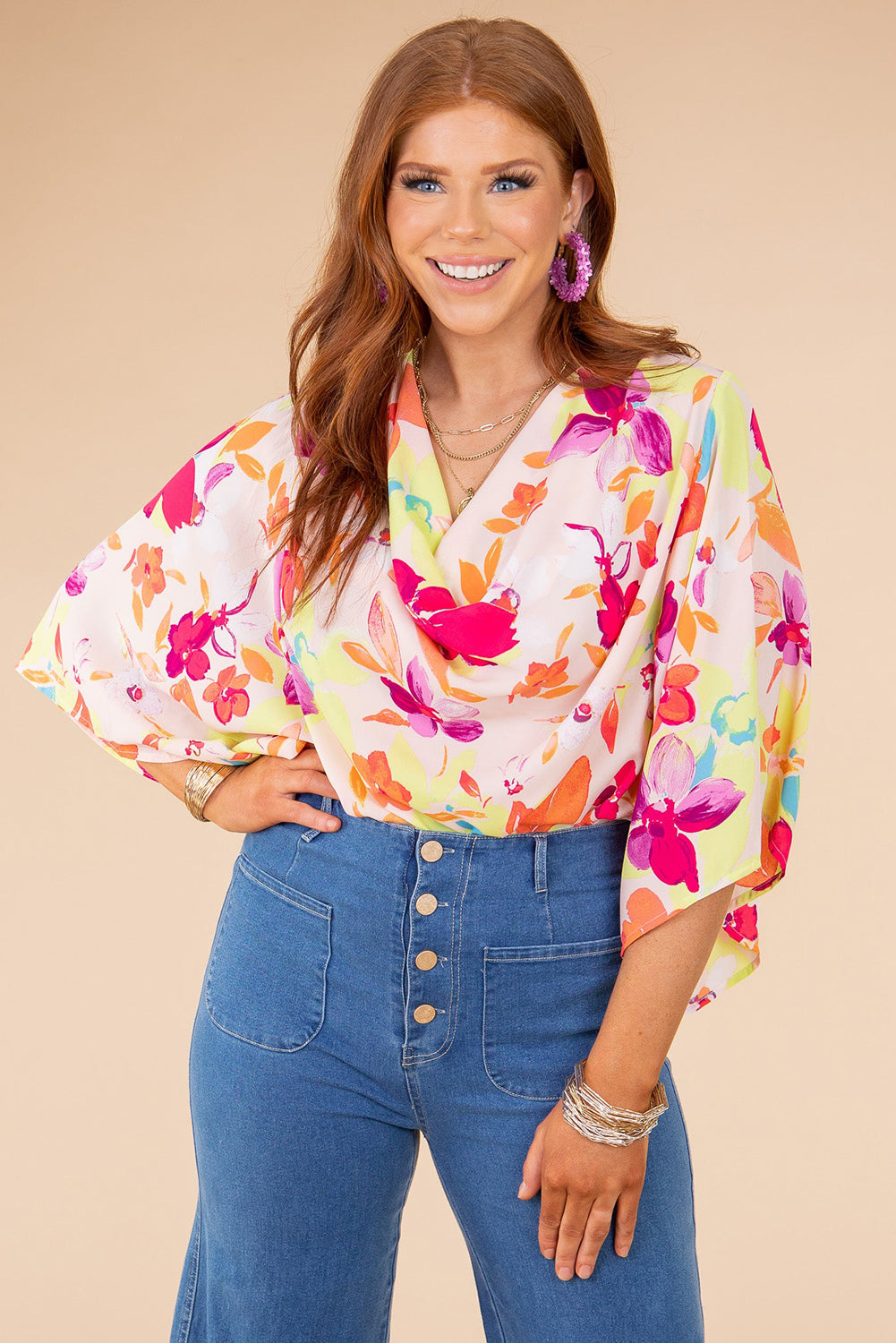 Multicolor Floral Print Cowl Neck Plus Size Blouse