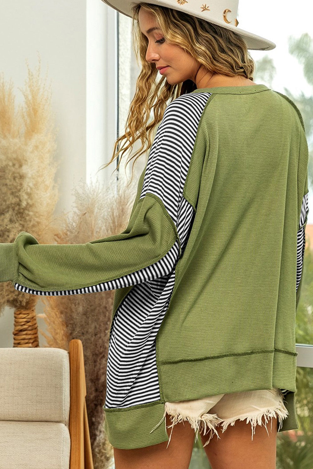 Green Striped Patch Exposed Seam Henley Sweatshirt