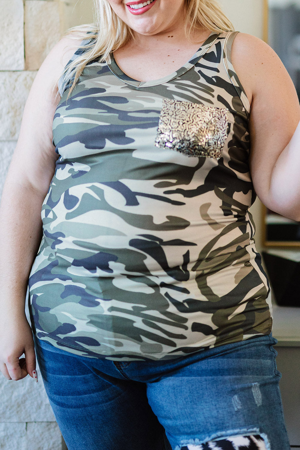 Green Sequin Pocket Camouflage Plus Size Vest