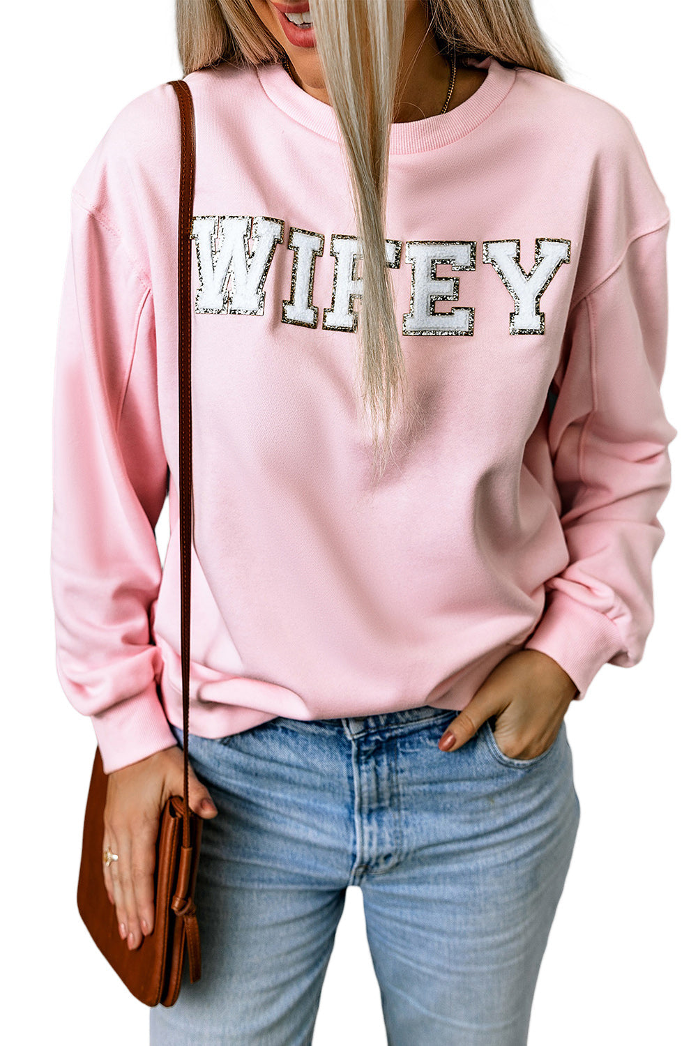 Pink WIFEY Graphic Crew Neck Pullover Sweatshirt