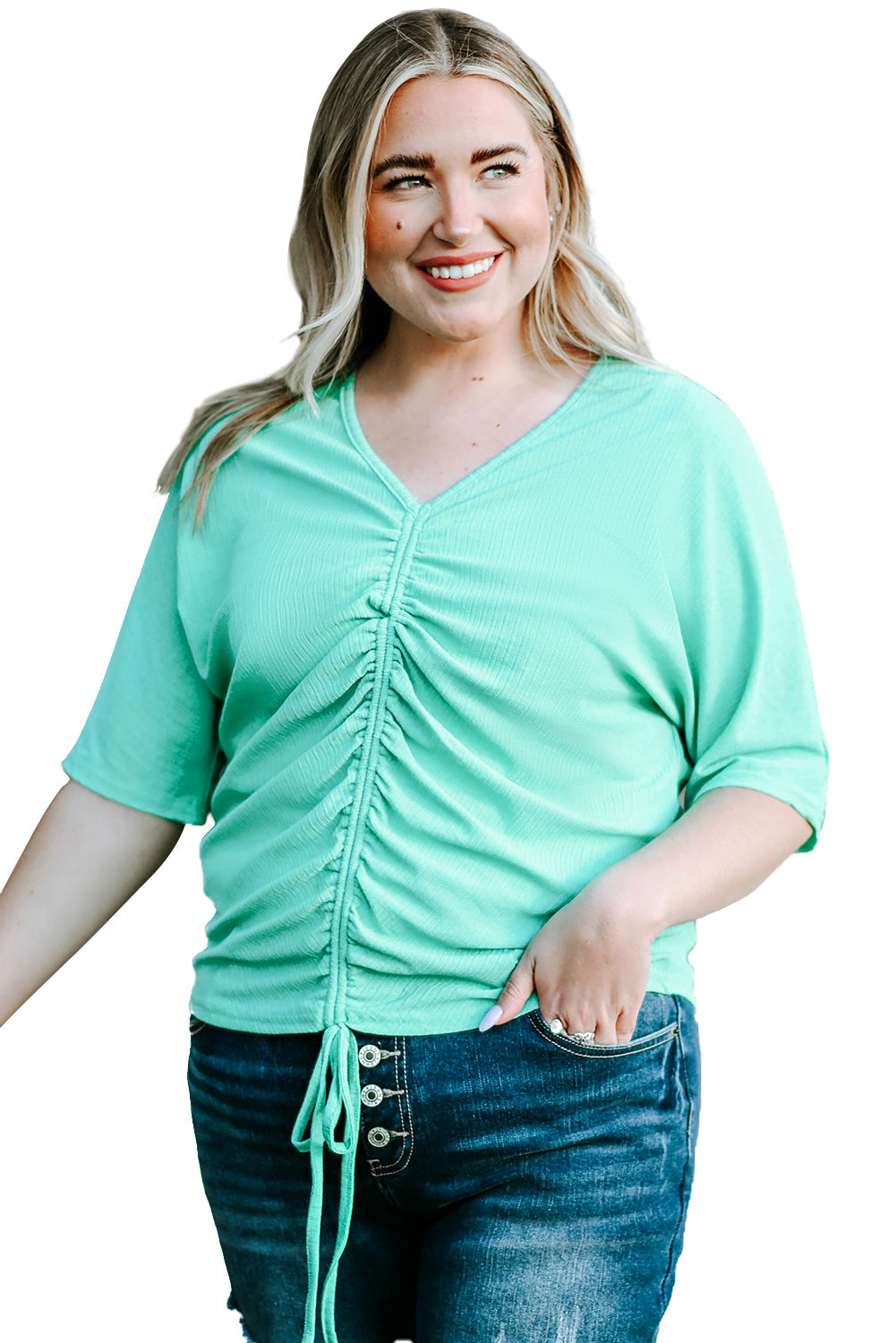 Green Plus Size Ruched Rib Drawstring V Neck Top